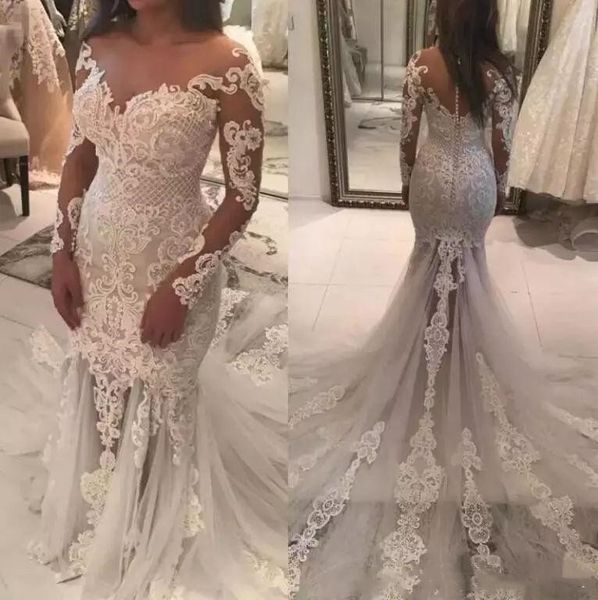 elegant 2019 ivory mermaid wedding dresses sheer neck illusion long sleeve sweep train saudi arab bridal gowns lace appliques wedding gowns, White
elegant 2019 ivory mermaid wedding dresses sheer neck illusion long sleeve sweep train saudi arab bridal gowns lace appliques wedding gowns, White