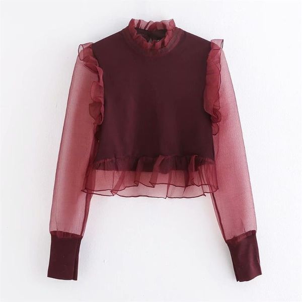 women's new fall 2019 stand collar puffy long sleeve transparent hard yarn splicing ruffle knitwear, White;black
women's new fall 2019 stand collar puffy long sleeve transparent hard yarn splicing ruffle knitwear, White;black