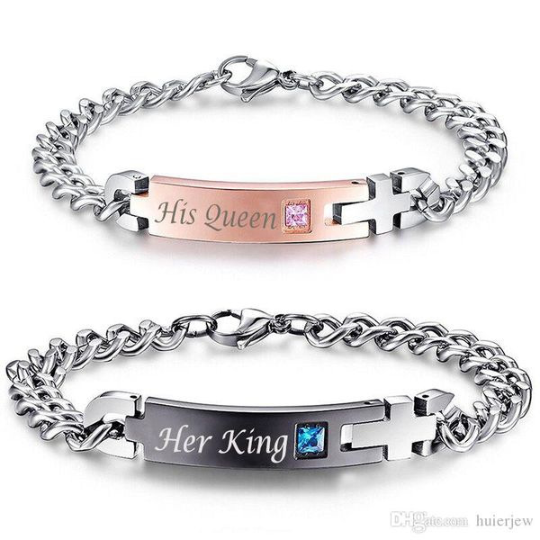 luxury love bracelets unique gift for lover "his queen""her king " couple bracelet stainless steel bracelet beautiful je, Black