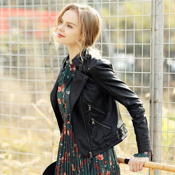 spring slim short women pu faux leather zipper jackets black female long sleeve jacket stand collar coats lady motorcyle
spring slim short women pu faux leather zipper jackets black female long sleeve jacket stand collar coats lady motorcyle