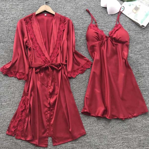 2pcs/set solid women robe waist tie elegant lace lightweight long half sleeve soft silky bridal wedding loose ladies night bath, Black;red
2pcs/set solid women robe waist tie elegant lace lightweight long half sleeve soft silky bridal wedding loose ladies night bath, Black;red