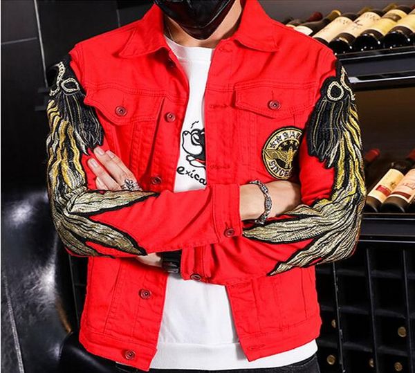 high street men denim jacket black red outerwear gold wings embroidered patch cloth designs casual male jackets, Black;brown
high street men denim jacket black red outerwear gold wings embroidered patch cloth designs casual male jackets, Black;brown