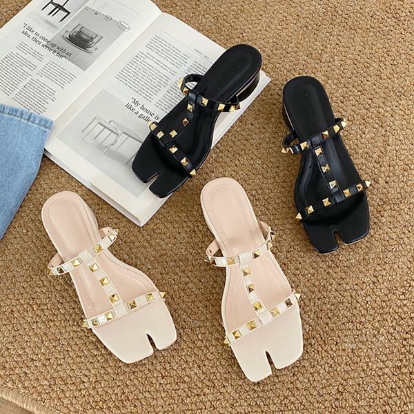 shoes woman's slippers slides med square heel rivet 2020 block summer basic pu rubber rome scandals fabric hoof heels toe, Black 
shoes woman's slippers slides med square heel rivet 2020 block summer basic pu rubber rome scandals fabric hoof heels toe, Black