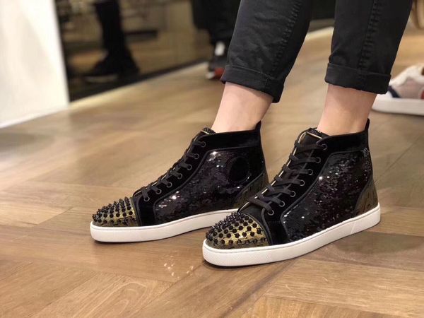 luxury designer red bottom high sneakers suede spikes with crystal fashion casual outdoor mens womens shoes , leisure trainers footwear, Black
luxury designer red bottom high sneakers suede spikes with crystal fashion casual outdoor mens womens shoes , leisure trainers footwear, Black