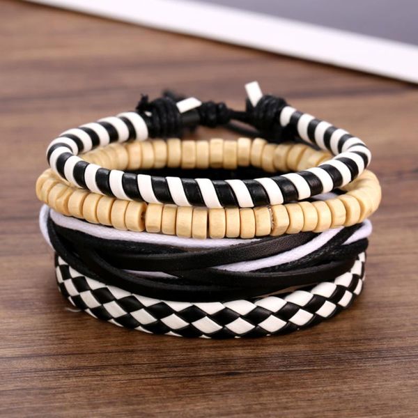 european and american leather bracelet creative punk style black and white woven wood bead leather bracelet four piece set, Golden;silver
european and american leather bracelet creative punk style black and white woven wood bead leather bracelet four piece set, Golden;silver
