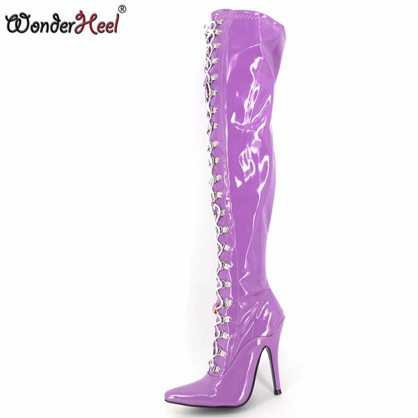 

wonderheel extreme high heel pu shiny 12cm high heel overknee boots thigh boots fetish lace up crotch, Black