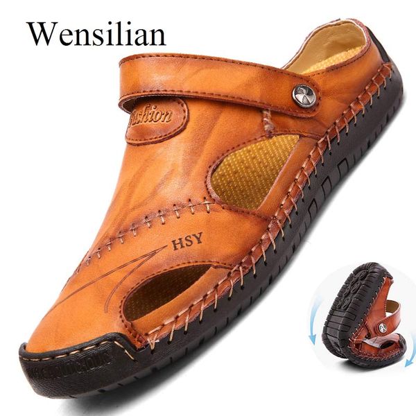 leather shoes men sandals summer beach shoes men male slides slippers bohemia sandalias hombre zapatos de hombre, Black