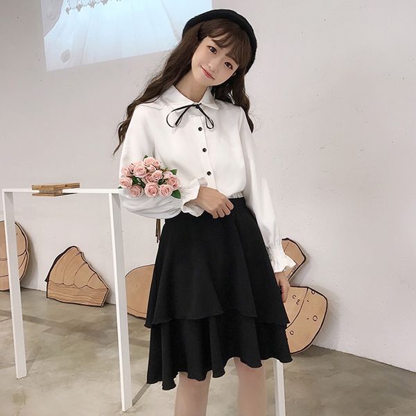 spring women's korean student long sleeve strap joker shirt + high waist skirt clear sweet 2 piece set, White 
spring women's korean student long sleeve strap joker shirt + high waist skirt clear sweet 2 piece set, White