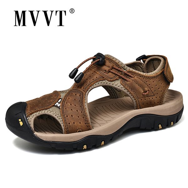 genuine leather casual men sandals hand-made summer beach sandals protective outdoor, Black