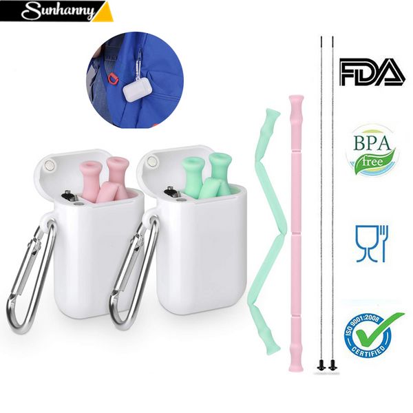 

collapsible silicone straw reusable folding drinking straws with carrying case and cleaning brush travel bar supplies