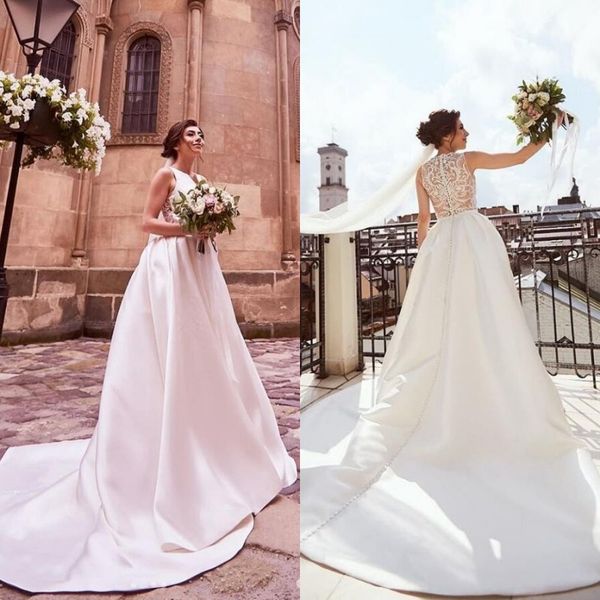 modest bateau neck covered button wedding dresses satin sweep train lace appliques country garden a line plus size wedding gown, White
modest bateau neck covered button wedding dresses satin sweep train lace appliques country garden a line plus size wedding gown, White