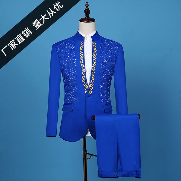 2020 new host for men's suit blue stand scarf drill suits show studio stage shows a suit, White;black 
2020 new host for men's suit blue stand scarf drill suits show studio stage shows a suit, White;black