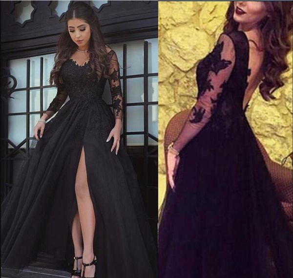 2019 glamorous long sleeves black high side slit lace evening dress backless prom dress floor length formal party evening gowns 
2019 glamorous long sleeves black high side slit lace evening dress backless prom dress floor length formal party evening gowns