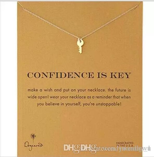 dogeared necklace with key(confidence is key), silver and gold color, no fade, and
