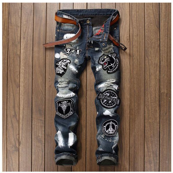 men badge patchwork jeans ripped biker hole denim patch jeans for men embroidery straight slim pants night club trousers, Blue
men badge patchwork jeans ripped biker hole denim patch jeans for men embroidery straight slim pants night club trousers, Blue