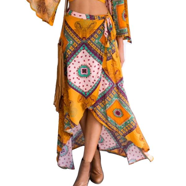 bohemian printed swallow-tail irregular half-length skirt for women, Black