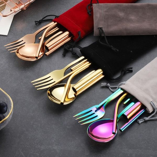 

portable 8 pcs 304 stainless steel drinking straw sets straight bent straw cleaning brush fork spoon chopsticks bag reusable straws sets