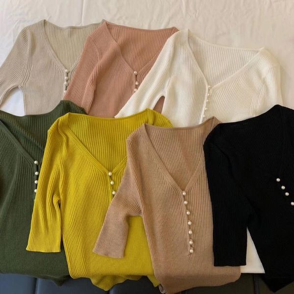 women sweater 2020 early spring new skin-friendly wool pullover pearl buckle thin sleeve v-neck knit, White;black