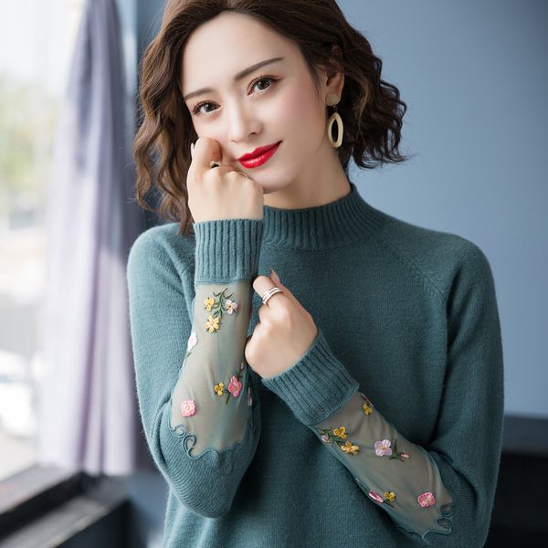 women half turtleneck flowers sweater autumn winter lady net patchwork hollow long sleeve embroidery floral knitted pullovers, White;black
women half turtleneck flowers sweater autumn winter lady net patchwork hollow long sleeve embroidery floral knitted pullovers, White;black