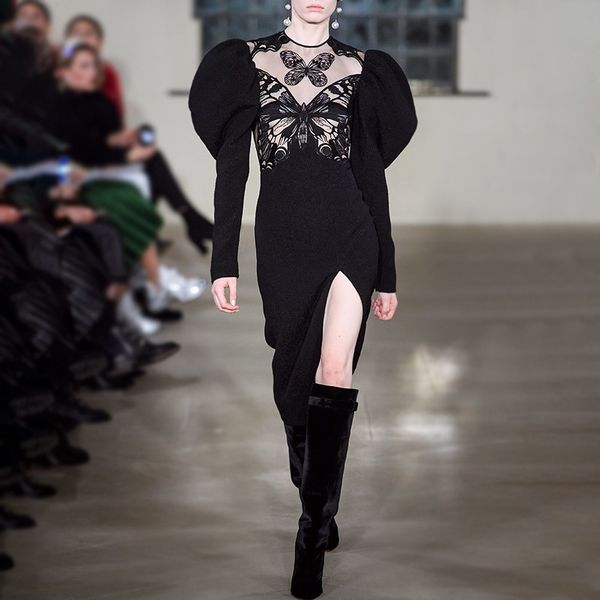 oushang 2020 spring new fashion butterfly perspective slim embroidery split mid-long dress women's round neck long, Black;gray
oushang 2020 spring new fashion butterfly perspective slim embroidery split mid-long dress women's round neck long, Black;gray