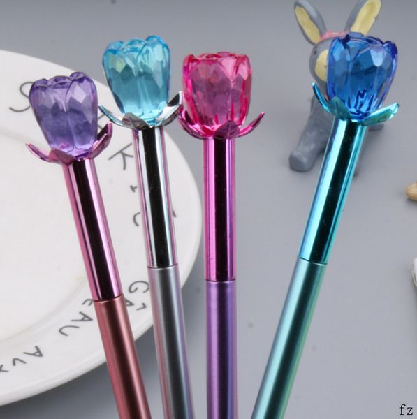 100 Pcs Crystal Rose Gel Pens Floret Cap Black Water Neutral Pen Kawaii School Supplies