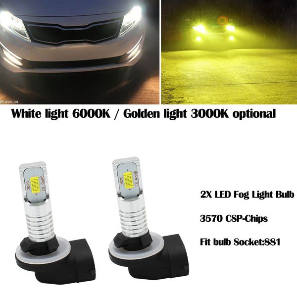 

80w 12v 1600lm led fog light bulb 3570 csp-chips 881 880 led fog lamp bulbs white 6000k/gold 3000k lights for car