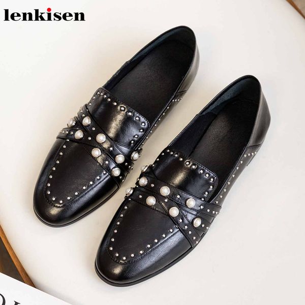 lenkisen shiny pearl rivets decorations genuine leather round toe low heel high street fashion slip on women spring pumps l80, Black
lenkisen shiny pearl rivets decorations genuine leather round toe low heel high street fashion slip on women spring pumps l80, Black