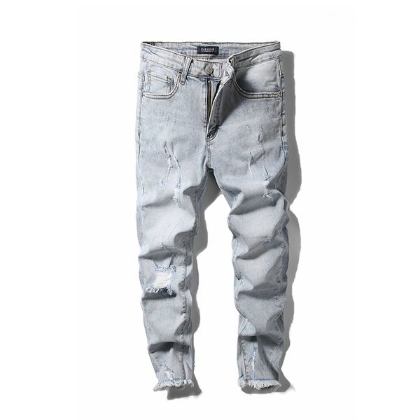 

men's jeans 2019 light color hole stretch slim feet four seasons pants jeans, Blue