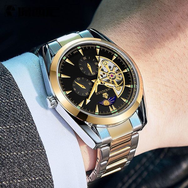 automatic self-wind mechanical stainless steel men business watch true 5-pin alternating sun and moon patterns waterproof watch, Slivery;brown
automatic self-wind mechanical stainless steel men business watch true 5-pin alternating sun and moon patterns waterproof watch, Slivery;brown