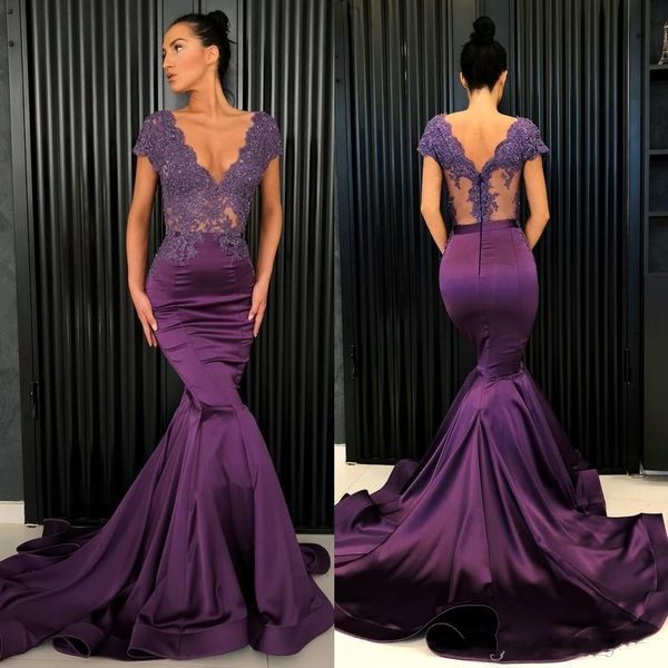 Grape Purple Prom Dresses Sexy V Neck Lace And Satin Mermaid Evening Gowns See Through Top Cap Sleeve Formal Party Dress Custom Made
Grape Purple Prom Dresses Sexy V Neck Lace And Satin Mermaid Evening Gowns See Through Top Cap Sleeve Formal Party Dress Custom Made