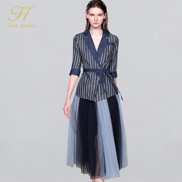h han queen business skirt suits women 2019 winter striped suit & elastic waist mesh skirt casual office 2 pieces set europe, White;black
h han queen business skirt suits women 2019 winter striped suit & elastic waist mesh skirt casual office 2 pieces set europe, White;black