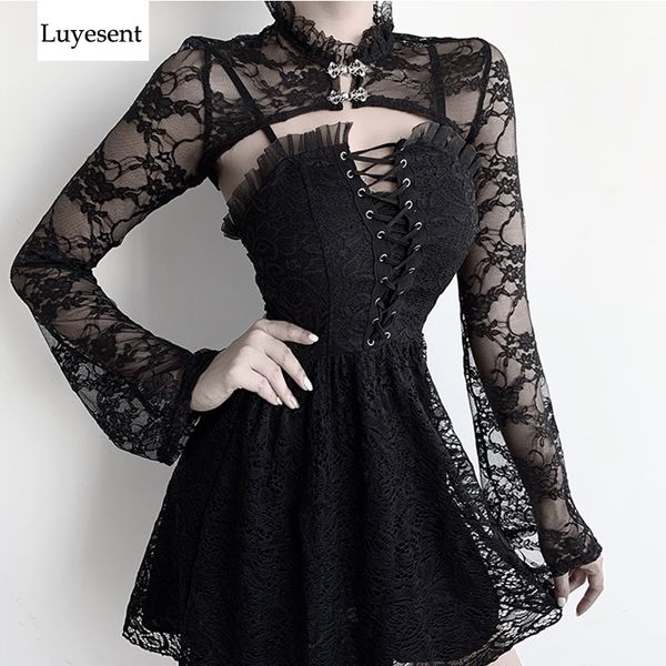 black punk women short lace blouse 2020 lady tight flare sleeve stand neck gothic blusa double breasted rock top, White
black punk women short lace blouse 2020 lady tight flare sleeve stand neck gothic blusa double breasted rock top, White