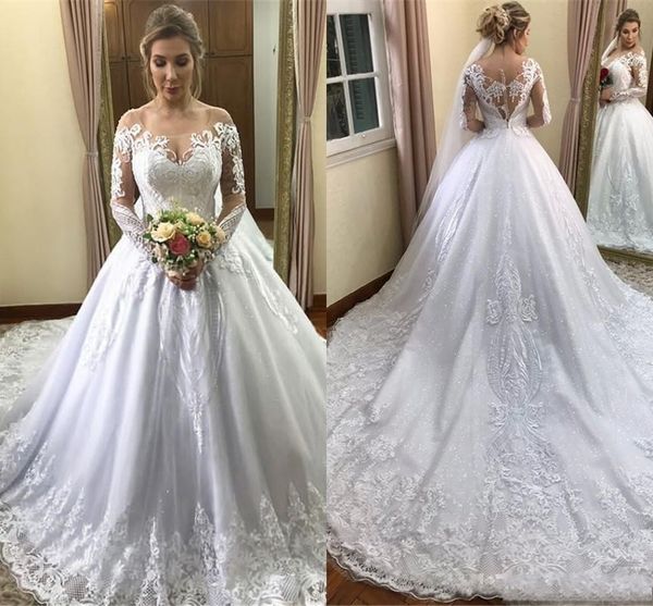 2019 new arabic luxury ball gown wedding dresses sheer neck off shoulder long sleeves puffy court train plus size custom formal bridal gowns, White
2019 new arabic luxury ball gown wedding dresses sheer neck off shoulder long sleeves puffy court train plus size custom formal bridal gowns, White