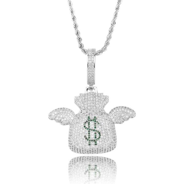 wholesale-flying money bag hip hop pendant necklace iced out micro paved money bag necklace tennis chains men's hip hop jewelry, Silver