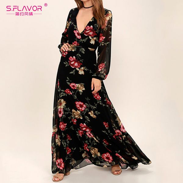 s.flavor fashion bohemian women long dress floral printed v-neck maxi vestidos women spring summer chiffon dresses, Black;gray 
s.flavor fashion bohemian women long dress floral printed v-neck maxi vestidos women spring summer chiffon dresses, Black;gray