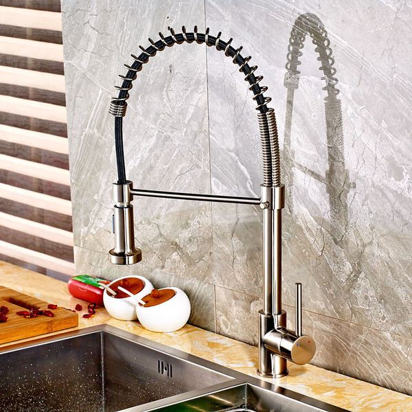 brushed nickle spring kitchen faucet mixer tap single handle single hole with white & black hose factory direct sales
brushed nickle spring kitchen faucet mixer tap single handle single hole with white & black hose factory direct sales