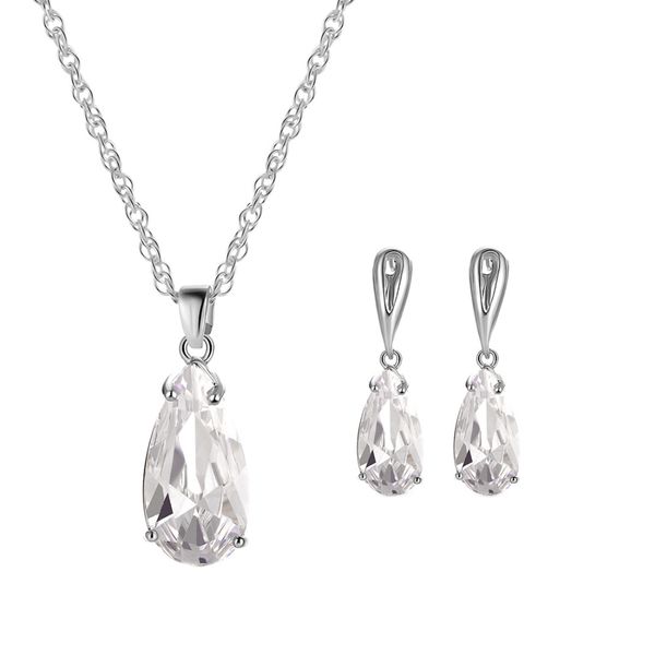 Clear Zircon Jewelry Sets for Women Silver Plated Drop Cubic Zircon Crystal Necklace Drop Earrings Wedding Jewelry Sets
