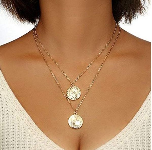 

boho crystal star crescent moon pendant double gold layered choker necklace disc coin necklace women accessories, Golden;silver