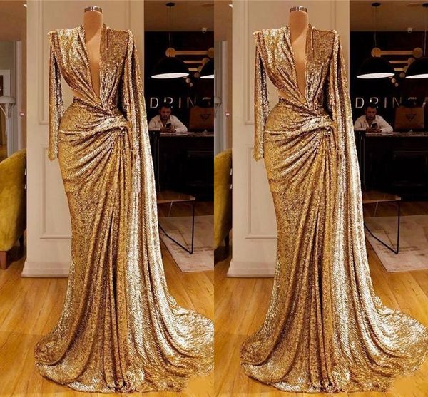 elegant sparkly sequined gold mermaid evening dresses 2020 deep v neck pleats long sleeves prom dresses draped dubai arabic party gown, Black;red
elegant sparkly sequined gold mermaid evening dresses 2020 deep v neck pleats long sleeves prom dresses draped dubai arabic party gown, Black;red