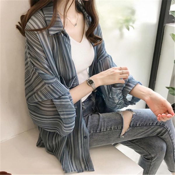 2020 shirts women chiffon sunscreen clothing ladies korean style womens striped blouse outwear loose shirt thin elegant coat, White
2020 shirts women chiffon sunscreen clothing ladies korean style womens striped blouse outwear loose shirt thin elegant coat, White