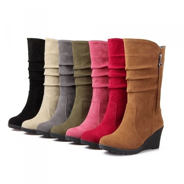 women winter boots mid women snow boots zipper warm cotton wedge winter shoes 35-43, Black