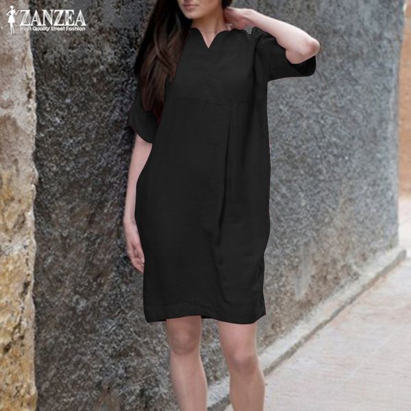 

2019 zanzea vintage women's linen dress fashion v neck summer sundress female robe femme elegant work shirt vestidos plus size, Black;gray
