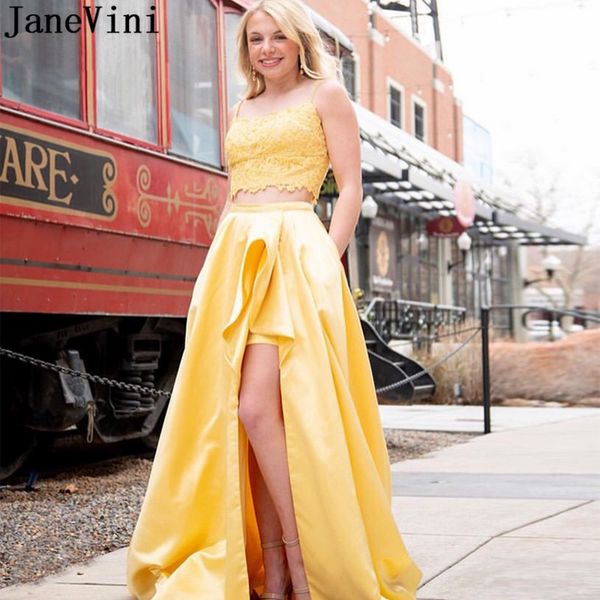 party dresses janevini elegant 2 pieces yellow vestido prom dress with pockets front split long lace satin special occasion gown, White;black 
party dresses janevini elegant 2 pieces yellow vestido prom dress with pockets front split long lace satin special occasion gown, White;black
