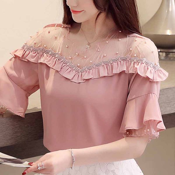 blouse women blusas mujer de moda 2020 short sleeve women shirts beading ruffles hollow out lace chiffon blouse shirt d249, White 
blouse women blusas mujer de moda 2020 short sleeve women shirts beading ruffles hollow out lace chiffon blouse shirt d249, White