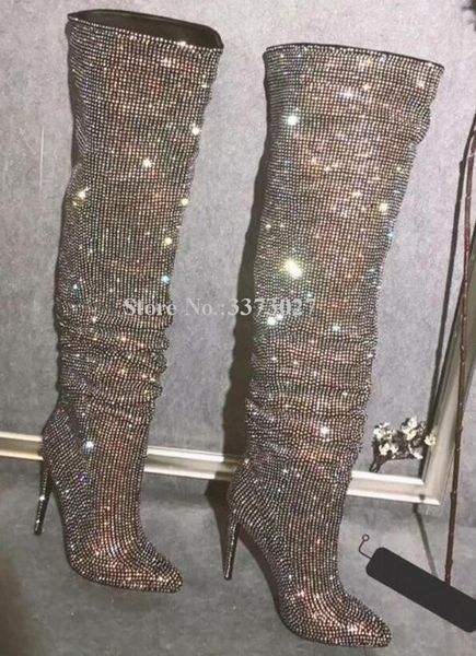 new pointed toe crystal thigh high women boots fashion thin heels over knee ladies long boots shinning rhinestone party shoes, Black
new pointed toe crystal thigh high women boots fashion thin heels over knee ladies long boots shinning rhinestone party shoes, Black