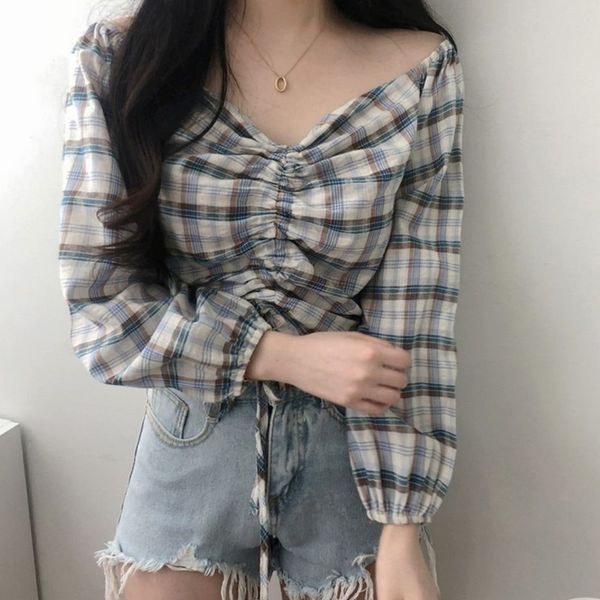 women's blouses & shirts autumn plaid blouse harajuku style v-neck strapless drawstring long sleeve shirt off the shoulder crop, White
women's blouses & shirts autumn plaid blouse harajuku style v-neck strapless drawstring long sleeve shirt off the shoulder crop, White