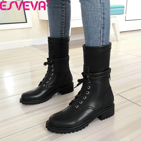 esveva 2020 cow leather round toe square heel antiskid mid calf boots autumn winter lace up zipper comfort women shoes size34-43, Black
esveva 2020 cow leather round toe square heel antiskid mid calf boots autumn winter lace up zipper comfort women shoes size34-43, Black
