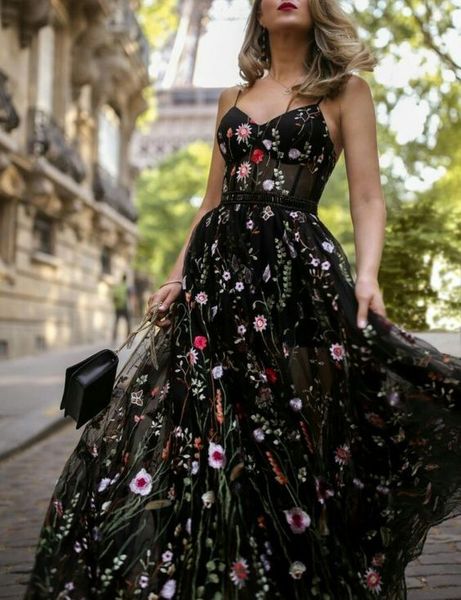 spaghetti straps floral long prom dress with sheer waist v neck floor length country maxi dress custom, Black
spaghetti straps floral long prom dress with sheer waist v neck floor length country maxi dress custom, Black