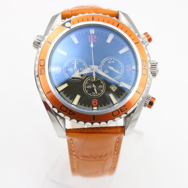 rotatable orange stainless steel bezel 42mm case diameter quartz chronograph watches black dial mens sports leather strap watch wristwatches, Slivery;brown
rotatable orange stainless steel bezel 42mm case diameter quartz chronograph watches black dial mens sports leather strap watch wristwatches, Slivery;brown