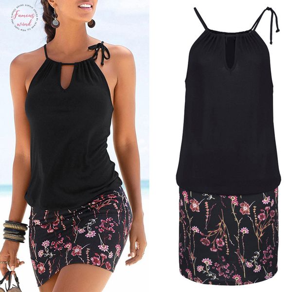 sexy summer beach мини платье холтер женщины мундир цветочные печати лоскутное рукавов выдалбливают платья robe femme vestidos, Black;gray